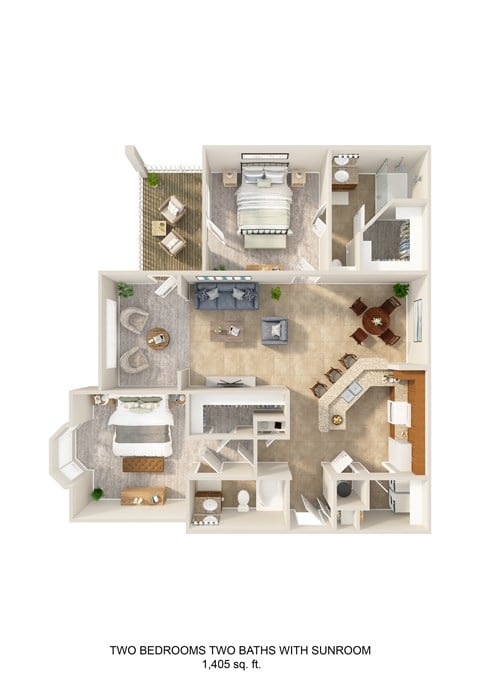 Floor plan for 2 beds, 2 baths, 1405 sqft